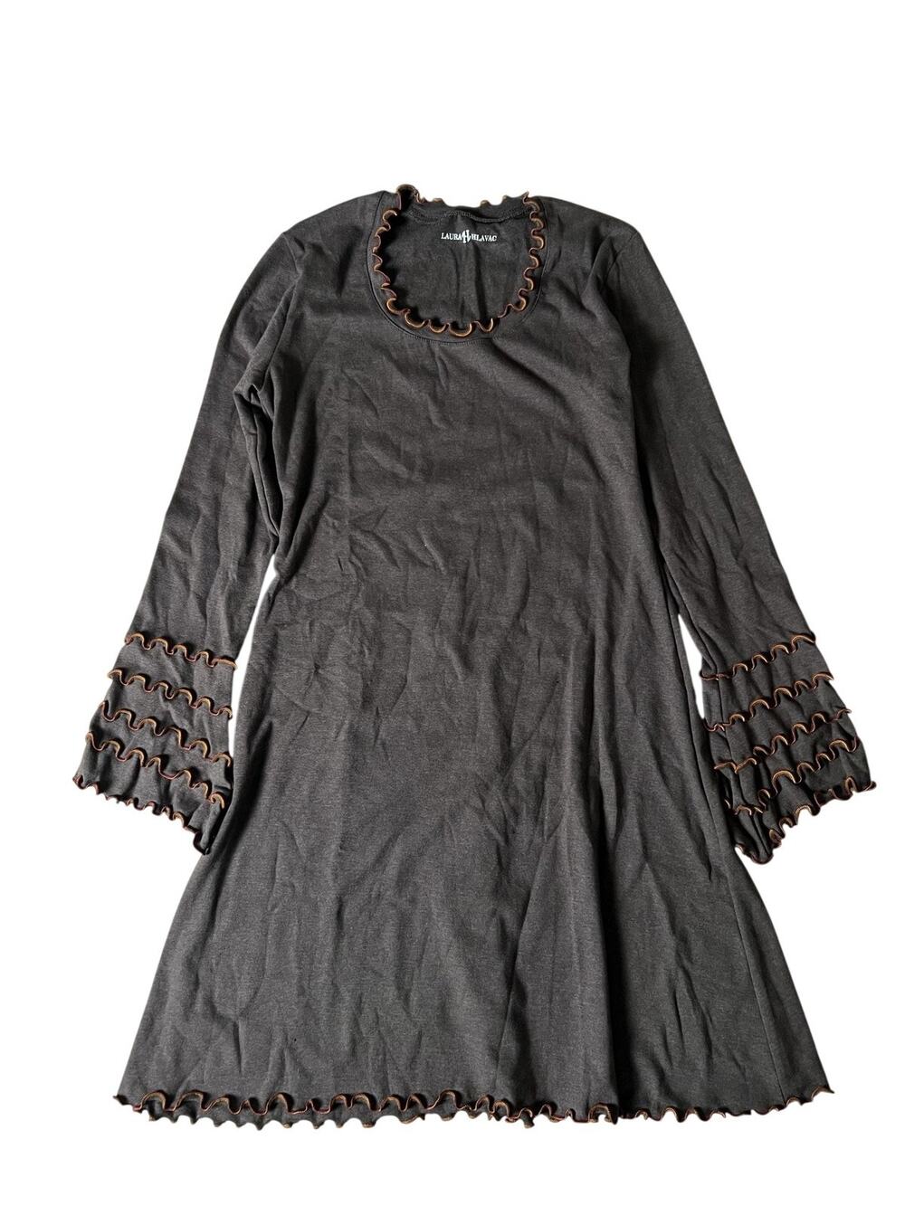 LAURA HLAVAC Dress Womens L Brown Trapeze & Swing Bell Sleeve Scoop Neck Ruffle